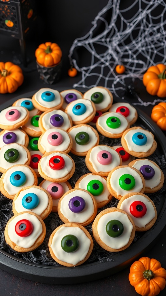 A platter of spooky eyeball snacks decorated with icing and candy eyeballs for Halloween.